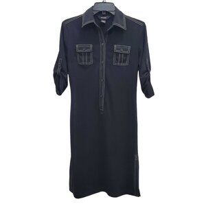 Express Women's Vintage Black Contrast Stitch Roll Tab 1/2 Button Midi Dress 5/6